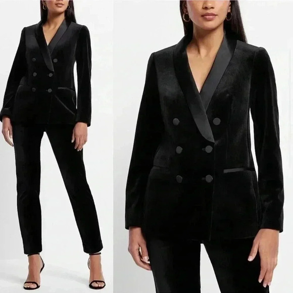 New Express Shawl Satin Collar Double Breasted Tuxedo Velvet Blazer Jacket S - Picture 2 of 10